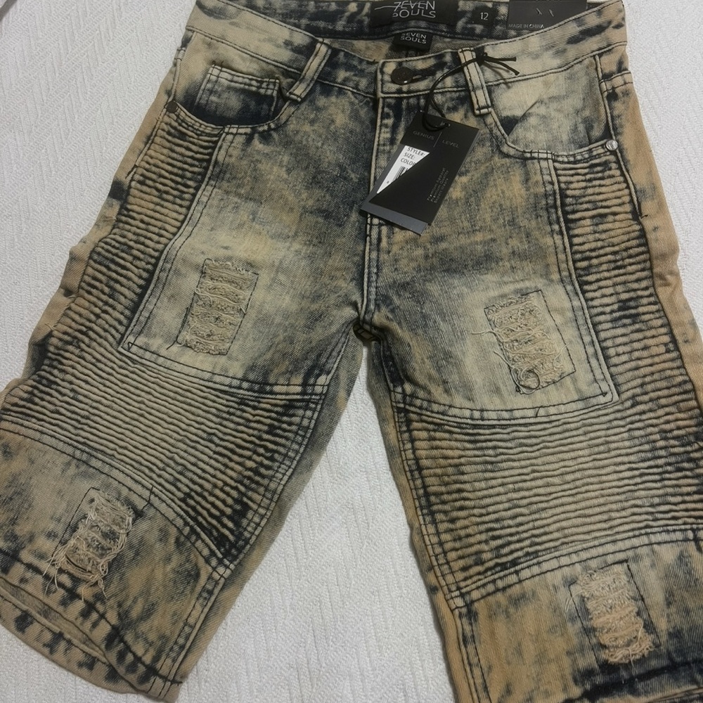 Seven7 Tan Moto Jean Shorts with Distressed Finish only kids